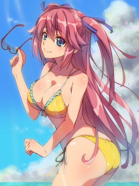 Anime picture 900x1200 with youkoso jitsuryoku shijou shugi no kyoushitsu e sakura airi chiharu (9654784) single long hair tall image looking at viewer blush fringe breasts blue eyes light erotic smile hair between eyes large breasts standing bare shoulders holding pink hair sky