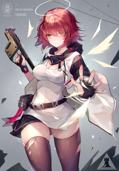 Anime picture 1500x2159 with arknights exusiai (arknights) melailai single tall image looking at viewer blush fringe short hair breasts hair between eyes standing holding signed cleavage red hair nail polish open jacket orange eyes character names