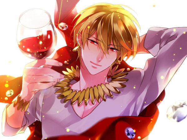 Anime picture 1000x750 with fate (series) fate/stay night fate/zero studio deen type-moon gilgamesh (fate) matsuo shin single short hair simple background blonde hair red eyes white background light smile arms behind head boy earrings bracelet necklace wine glass
