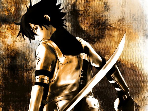 Anime picture 1024x768 with naruto studio pierrot naruto (series) uchiha sasuke single looking at viewer fringe black hair bare shoulders holding brown eyes upper body looking back tattoo back monochrome spiked hair sharingan boy weapon