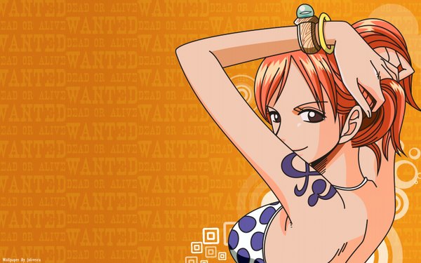 Anime picture 1440x900 with one piece toei animation nami (one piece) wide image brown eyes orange hair tattoo orange background girl swimsuit bikini log pose