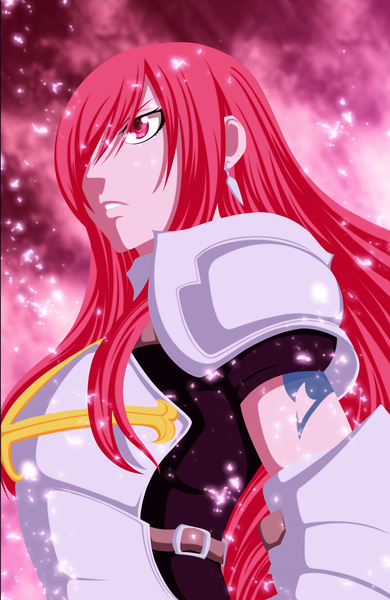 Anime picture 2858x4398 with fairy tail erza scarlet dartroberth single long hair tall image fringe highres pink hair pink eyes hair over one eye tattoo coloring girl earrings armor