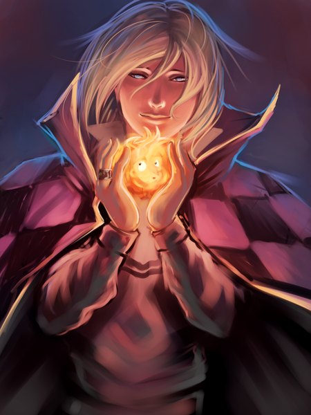 Anime picture 1200x1600 with howl's moving castle studio ghibli howl calcifer moni158 single tall image fringe short hair blonde hair smile aqua eyes lips realistic muscle boy fire