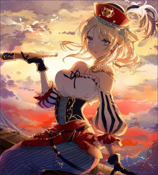 Anime picture 975x1079 with love live! school idol project sunrise (studio) love live! ayase eli kinokohime single tall image fringe short hair breasts blue eyes blonde hair sitting bare shoulders holding sky cloud (clouds) ponytail arm support evening