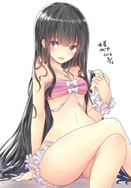 Anime picture 838x1200 with touhou houraisan kaguya e-co single tall image blush fringe breasts open mouth light erotic black hair simple background smile hair between eyes red eyes white background sitting signed looking away bent knee (knees)