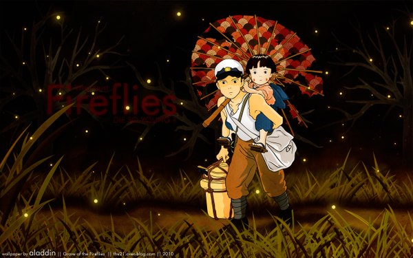 Anime picture 2560x1600 with grave of the fireflies studio ghibli setsuko (grave of the fireflies) seita (grave of the fireflies) ala21ddin21 highres wide image night vector plant (plants) hat tree (trees) umbrella child (children) fireflies