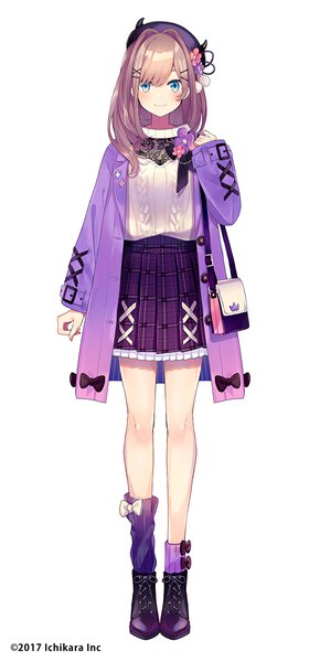 Anime picture 580x1200 with virtual youtuber nijisanji suzuhara lulu saine single long hair tall image looking at viewer blush blue eyes simple background smile brown hair standing white background full body pleated skirt official art bare legs official alternate costume