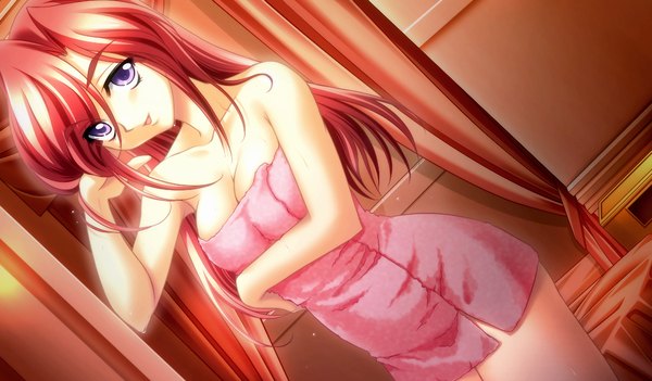 Anime picture 1536x900 with light erotic wide image purple eyes game cg red hair naked towel girl towel