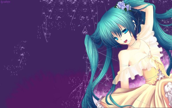 Anime picture 1600x1000 with vocaloid hatsune miku tagme (artist) single long hair looking at viewer open mouth wide image twintails bare shoulders signed cleavage hair flower aqua eyes aqua hair purple background girl dress hair ornament