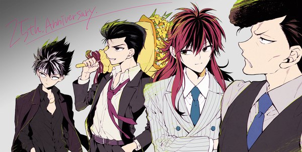 Anime picture 2000x1009 with yu yu hakusho kurama hiei jaganshi urameshi yuusuke kuwabara kazuma hoyano long hair fringe highres short hair black hair simple background hair between eyes wide image looking away red hair profile grey background multiple boys open collar