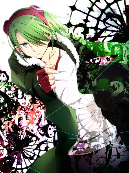 Anime picture 700x942 with akame ga kill! white fox lubbock tsukimori usako single tall image looking at viewer fringe short hair green eyes green hair hair over one eye fur trim outstretched arm goggles on head boy gloves fingerless gloves fur goggles