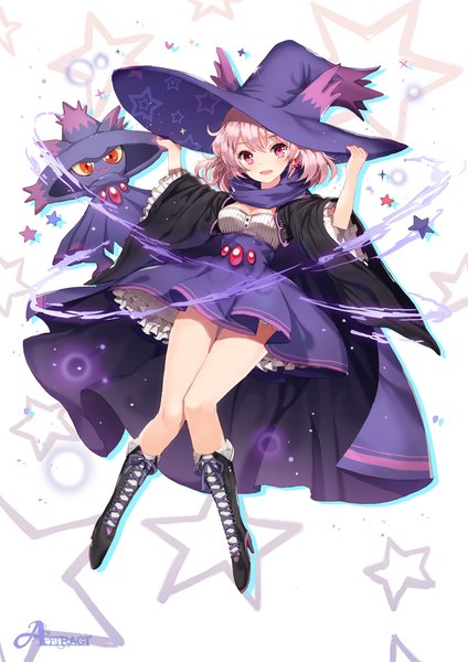 Anime-Bild 900x1273 mit pokemon nintendo mismagius dangmill single tall image looking at viewer blush short hair open mouth red eyes pink hair witch gen 4 pokemon girl dress hat boots star (symbol) witch hat