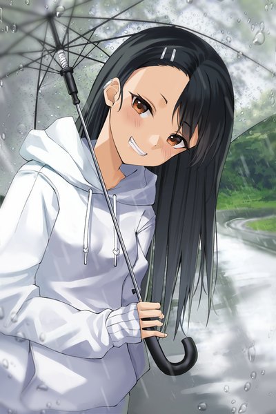 Anime picture 2667x4001 with ijiranaide nagatoro-san nagatoro hayase junkt729 single long hair tall image looking at viewer blush fringe highres black hair smile standing brown eyes upper body outdoors long sleeves head tilt grin sleeves past wrists