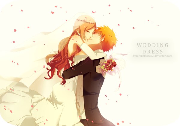 Anime picture 2480x1748 with bleach studio pierrot kurosaki ichigo inoue orihime persona92 (orichie) long hair highres short hair simple background white background bare shoulders signed eyes closed orange hair inscription hug kiss wedding girl dress