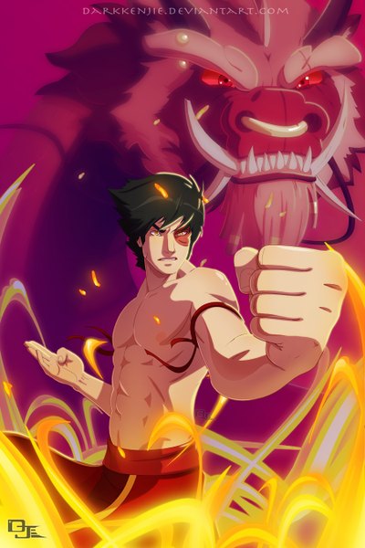 Anime picture 900x1350 with avatar: the last airbender nickelodeon zuko darkkenjie tall image short hair black hair red eyes yellow eyes teeth fang (fangs) coloring magic scar muscle boy fire dragon