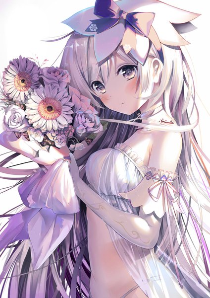 Anime picture 1000x1414 with original kouyafu single long hair tall image blush fringe light erotic simple background hair between eyes white background bare shoulders holding looking away silver hair parted lips bare belly silver eyes girl gloves