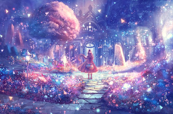 Anime picture 1710x1134 with original bounin single long hair fringe highres smile brown hair standing holding outdoors black eyes girl dress flower (flowers) plant (plants) tree (trees) boots stone (stones) basket