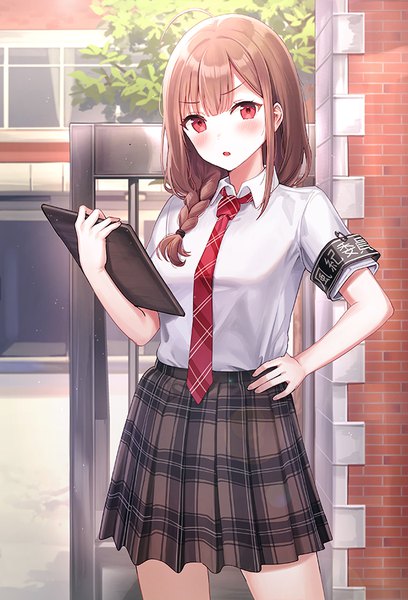 Anime picture 612x900 with original rangu single long hair tall image looking at viewer blush fringe breasts red eyes brown hair standing holding outdoors blunt bangs braid (braids) pleated skirt :o short sleeves hand on hip
