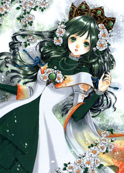 Anime picture 2250x3121 with original shiitake (gensoudou) single long hair tall image looking at viewer highres green eyes lying hair flower green hair on back lipstick red lipstick girl dress flower (flowers) white dress crown branch