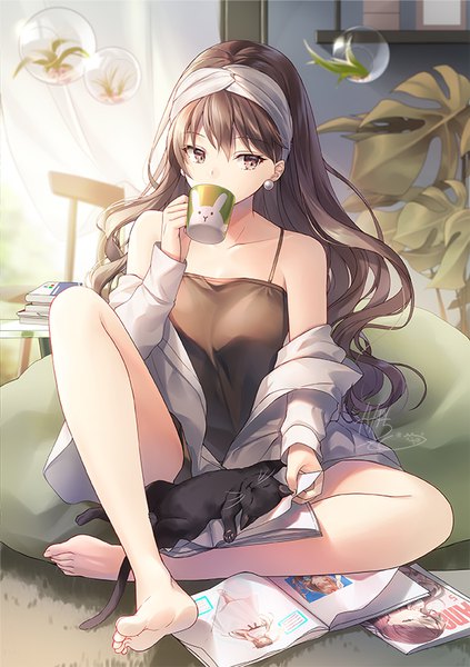 Anime picture 595x842 with original kagachi saku single long hair tall image fringe hair between eyes brown hair sitting bare shoulders holding brown eyes signed payot looking away full body bent knee (knees) indoors barefoot blurry