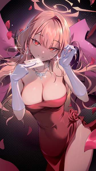 Anime picture 1080x1920 with blue archive aru (blue archive) aru (dress) (blue archive) kainown single long hair tall image looking at viewer fringe breasts light erotic smile red eyes large breasts pink hair cleavage blunt bangs head tilt horn (horns) sparkle