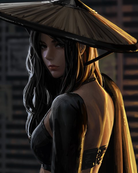 Anime picture 3276x4096 with original guweiz single long hair tall image looking at viewer fringe highres black hair absurdres upper body outdoors lips black eyes blurry realistic depth of field turning head girl hat