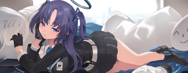 Anime picture 2400x936 with blue archive yuuka (blue archive) zerocat single long hair looking at viewer blush fringe highres wide image purple eyes holding purple hair full body lying two side up head rest girl skirt gloves
