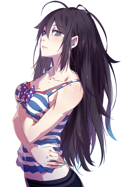 Anime-Bild 800x1131 mit benghuai xueyuan honkai (series) raiden mei cici single long hair tall image looking at viewer blue eyes black hair bare shoulders looking away transparent background girl bow blouse