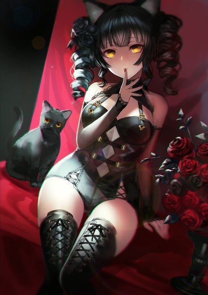 Anime picture 2000x2828 with original terai (teraimorimori) single tall image looking at viewer blush fringe highres short hair breasts light erotic black hair sitting twintails bare shoulders animal ears yellow eyes payot blunt bangs nail polish