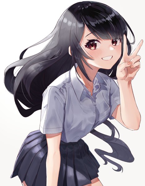 Anime picture 1939x2488 with original taiga (ryukyu-6102-8) single long hair tall image looking at viewer blush fringe highres black hair simple background smile standing white background brown eyes payot blunt bangs nail polish pleated skirt arm up