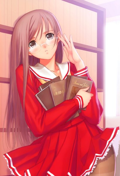 Anime picture 4761x6960 with original tony taka single long hair tall image looking at viewer blush highres brown hair brown eyes absurdres scan girl uniform school uniform glasses book (books)