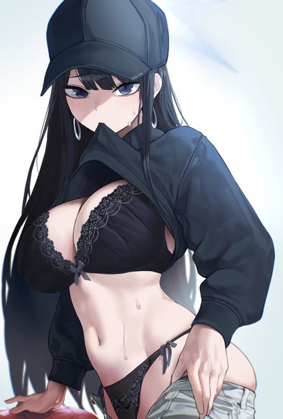 Anime picture 1695x2509 with blue archive saori (blue archive) kazane-wind single long hair tall image looking at viewer fringe breasts blue eyes light erotic black hair simple background large breasts standing white background holding cleavage blunt bangs long sleeves