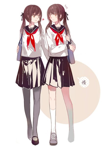 Anime picture 709x1000 with original cotta long hair tall image blush smile brown hair twintails multiple girls brown eyes shoujo ai eye contact ass grab single shoe incest girl skirt uniform hair ornament ribbon (ribbons)