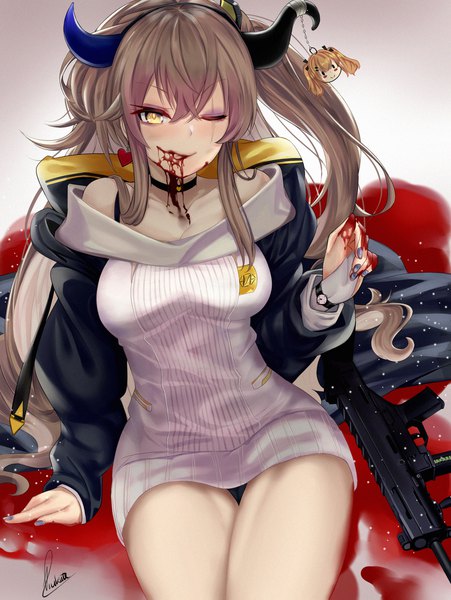 Anime picture 1756x2336 with girls frontline ump45 (girls frontline) ump9 (girls frontline) piukute062 single long hair tall image looking at viewer blush fringe highres light erotic hair between eyes brown hair sitting signed yellow eyes payot nail polish one eye closed