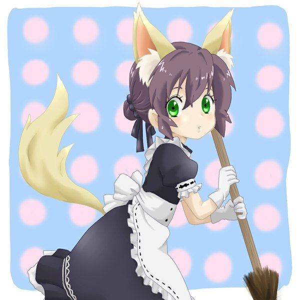 Anime picture 1000x1000 with tera online mamoro (artist) single looking at viewer blush short hair black hair green eyes animal ears animal tail maid girl gloves broom