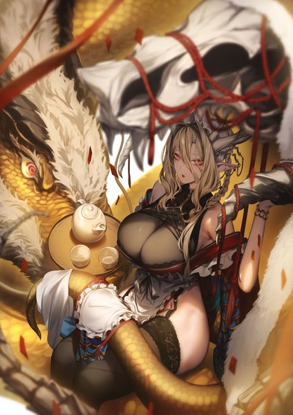 Anime picture 990x1400 with original kyouya (mukuro238) single long hair tall image looking at viewer fringe breasts light erotic blonde hair hair between eyes large breasts sitting bare shoulders tail braid (braids) horn (horns) from above pointy ears off shoulder