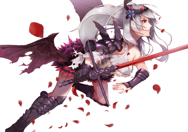 Anime picture 2000x1412 with granblue fantasy jeanne d'arc (granblue fantasy) mugcup single long hair highres light erotic simple background smile red eyes white background silver hair bent knee (knees) profile torn clothes demon wings smirk girl weapon petals