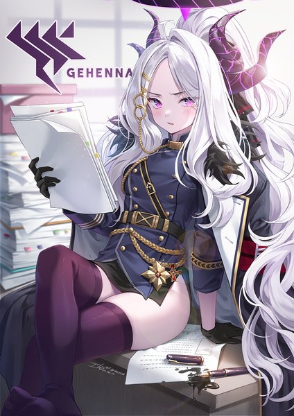 Anime-Bild 919x1300 mit blue archive hina (blue archive) ika (4801055) single long hair tall image looking at viewer light erotic sitting purple eyes holding silver hair indoors horn (horns) crossed legs side slit clothes on shoulders girl thighhighs gloves