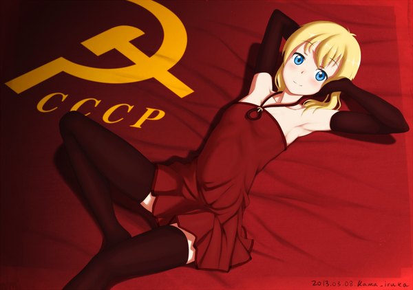 Anime picture 1800x1267 with original kama iruka single highres short hair blue eyes simple background blonde hair lying armpit (armpits) red background soviet girl thighhighs dress gloves elbow gloves red dress