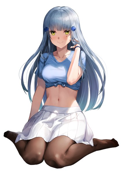 Anime picture 4157x5906 with girls frontline hk416 (girls frontline) greem bang single long hair tall image looking at viewer blush fringe highres simple background smile white background sitting green eyes absurdres silver hair full body blunt bangs arm up
