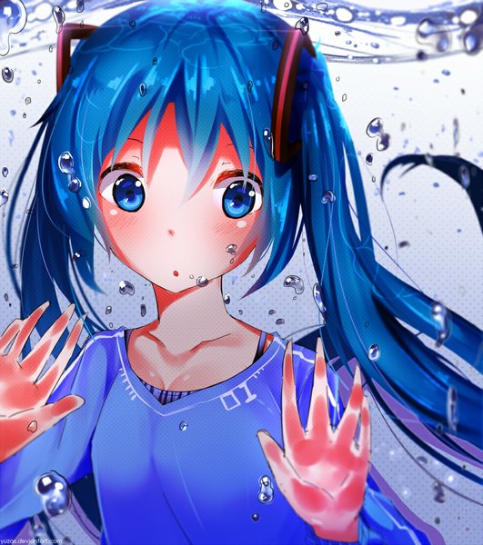 Anime picture 900x1016 with vocaloid hatsune miku yuzas single long hair tall image blush fringe blue eyes twintails blue hair looking away alternate costume underwater girl ribbon (ribbons) hair ribbon water bubble (bubbles)