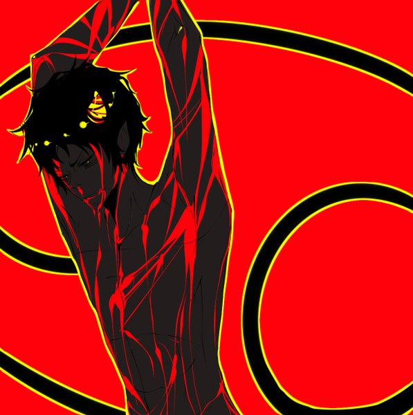 Anime picture 1220x1228 with homestuck the sufferer spazmaggot single tall image short hair light erotic black hair horn (horns) pointy ears arms behind head red background boy blood