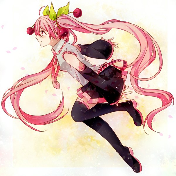 Anime picture 1024x1024 with vocaloid hatsune miku sakura miku bshi edayo single twintails looking away pink hair full body ahoge very long hair profile pink eyes girl thighhighs skirt black thighhighs detached sleeves miniskirt necktie