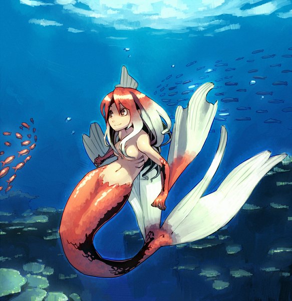 Anime picture 1093x1125 with original shihou (g-o-s) single tall image breasts light erotic smile red eyes tail multicolored hair two-tone hair underwater girl navel bubble (bubbles) fish (fishes) mermaid