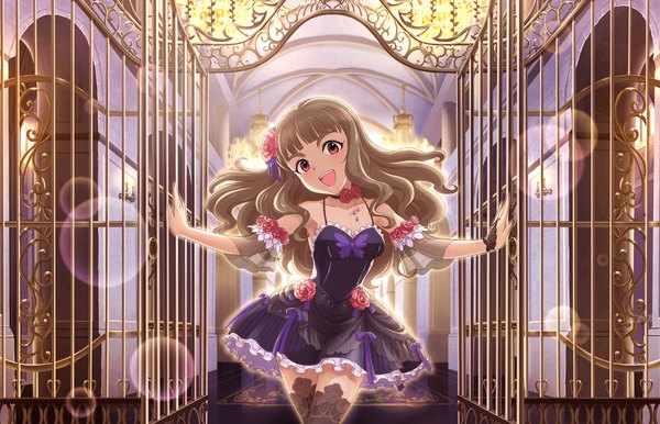 Anime-Bild 1280x824 mit idolmaster idolmaster cinderella girls idolmaster cinderella girls starlight stage kamiya nao single long hair looking at viewer fringe open mouth red eyes brown hair blunt bangs head tilt :d official art spread arms frilled dress attract gothic girl thighhighs