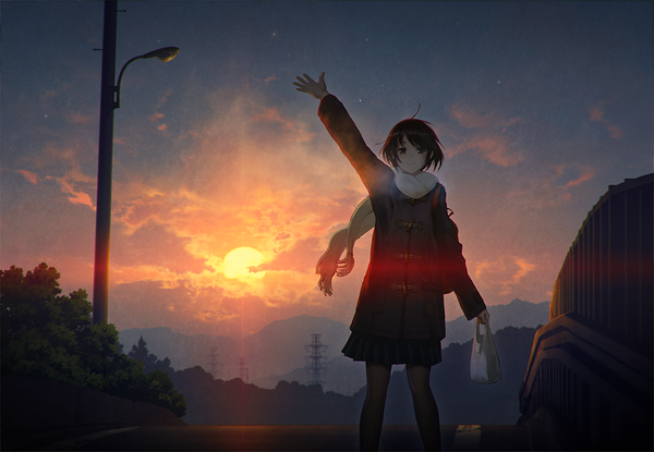 Anime picture 1000x692 with original mocha (cotton) single looking at viewer blush short hair black hair smile standing brown eyes sky cloud (clouds) ahoge arm up wind evening sunset waving girl skirt