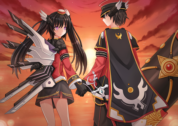 Anime picture 1300x919 with elsword original kazenokaze long hair short hair blue eyes black hair purple eyes twintails cloud (clouds) couple holding hands evening sunset mechanical wings girl boy skirt gloves weapon