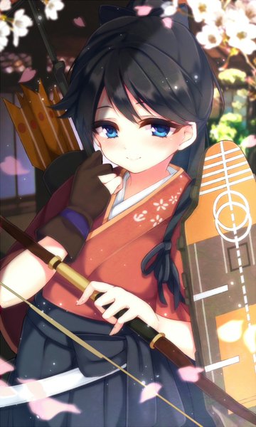 Anime picture 982x1638 with kantai collection houshou light aircraft carrier satomachi single long hair tall image looking at viewer blush black hair ponytail traditional clothes japanese clothes girl skirt flower (flowers) weapon petals single glove bow (weapon) arrow (arrows)