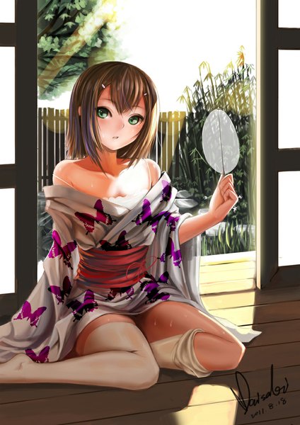 Anime picture 800x1132 with baka to test to shoukanjuu silver link kinoshita hideyoshi maisaki tall image blush short hair open mouth brown hair sitting bare shoulders green eyes signed looking away indoors traditional clothes japanese clothes sunlight inscription sweat