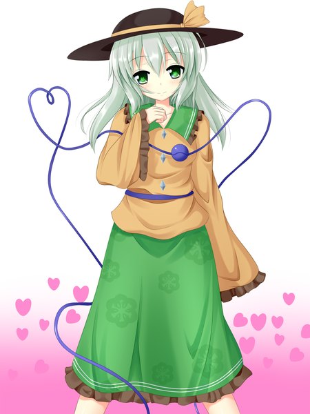 Anime picture 1200x1600 with touhou komeiji koishi yoye (pastel white) single tall image short hair simple background white background green eyes long sleeves green hair heart of string girl hat heart